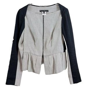 Lida Baday Tweed Peplum Pleated Boat Beck Blazer Jacket Beige-Gray Black Size 8